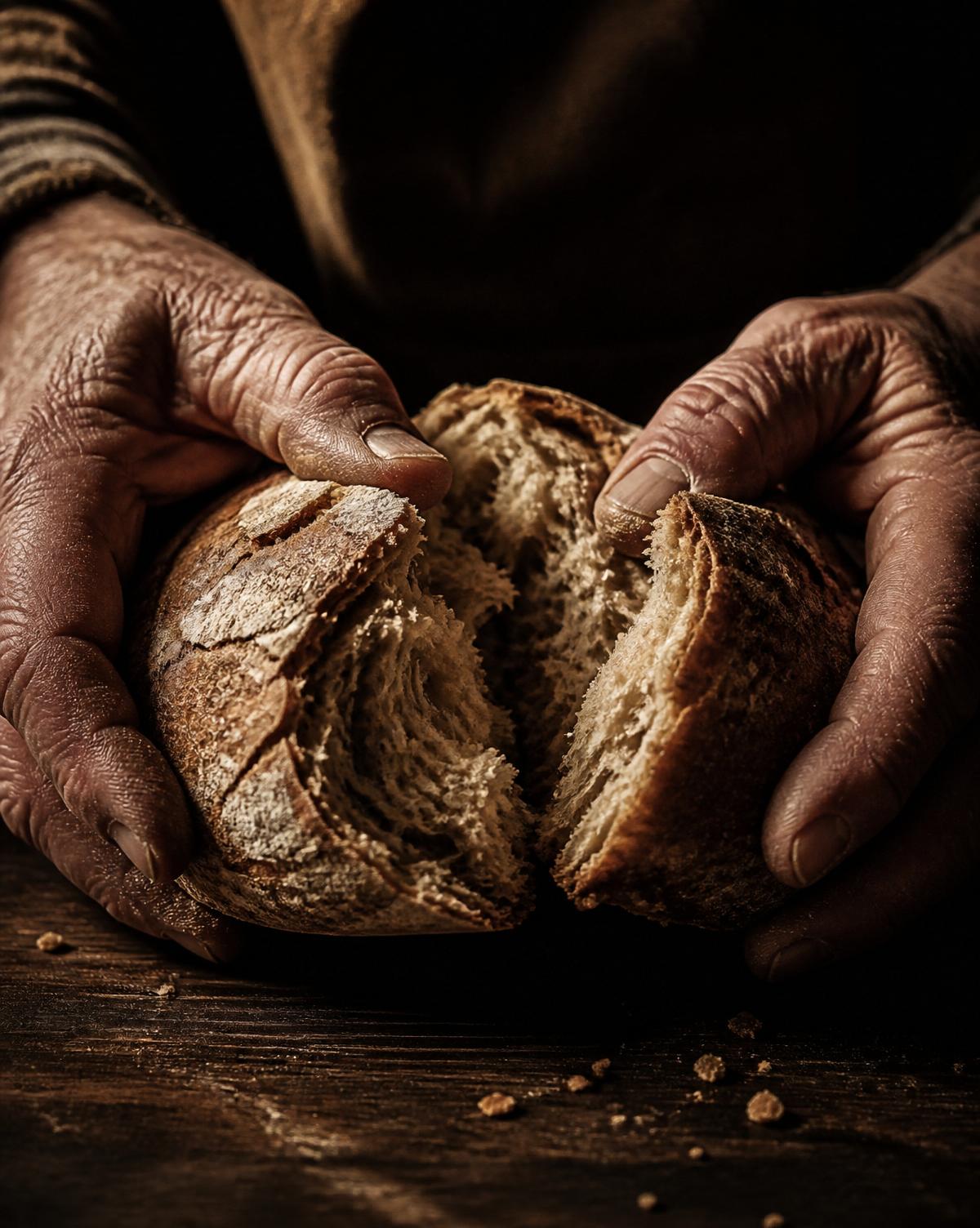 Mãos partindo pão sobre mesa rústica